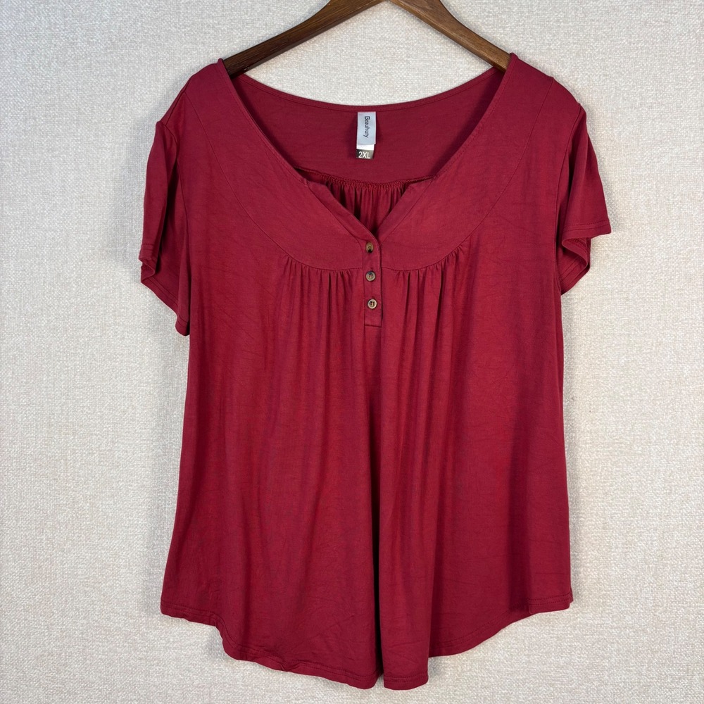 Beauhuty Burgundy Red Pleated Henley Short Sleeve Blouse Top 2XL